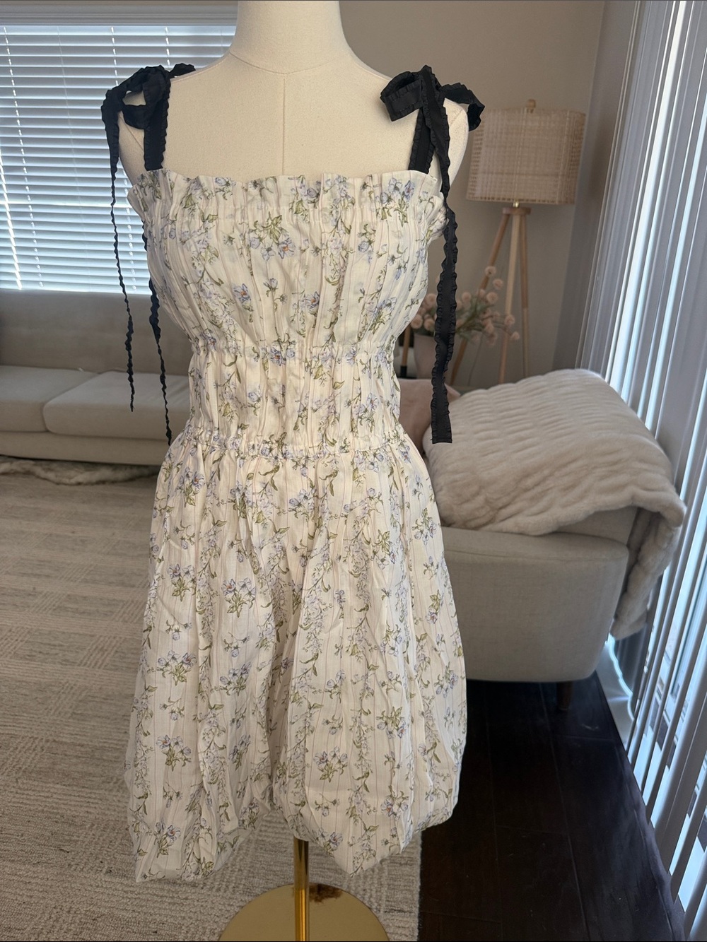Smocked Floral Sundress with Black Tie Straps - White